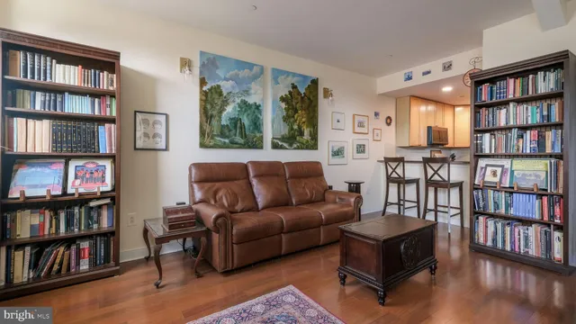 a living room with furniture and a book shelf
