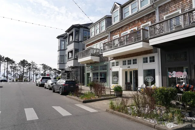 an aerial view of a building with outdoor space