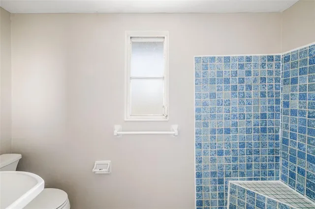 a bathroom with a toilet and a shower