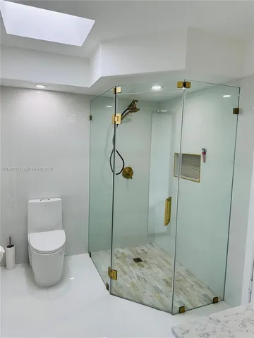 a bathroom with a shower and toilet
