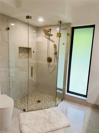a bathroom with a shower and toilet