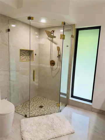 a bathroom with a shower and toilet