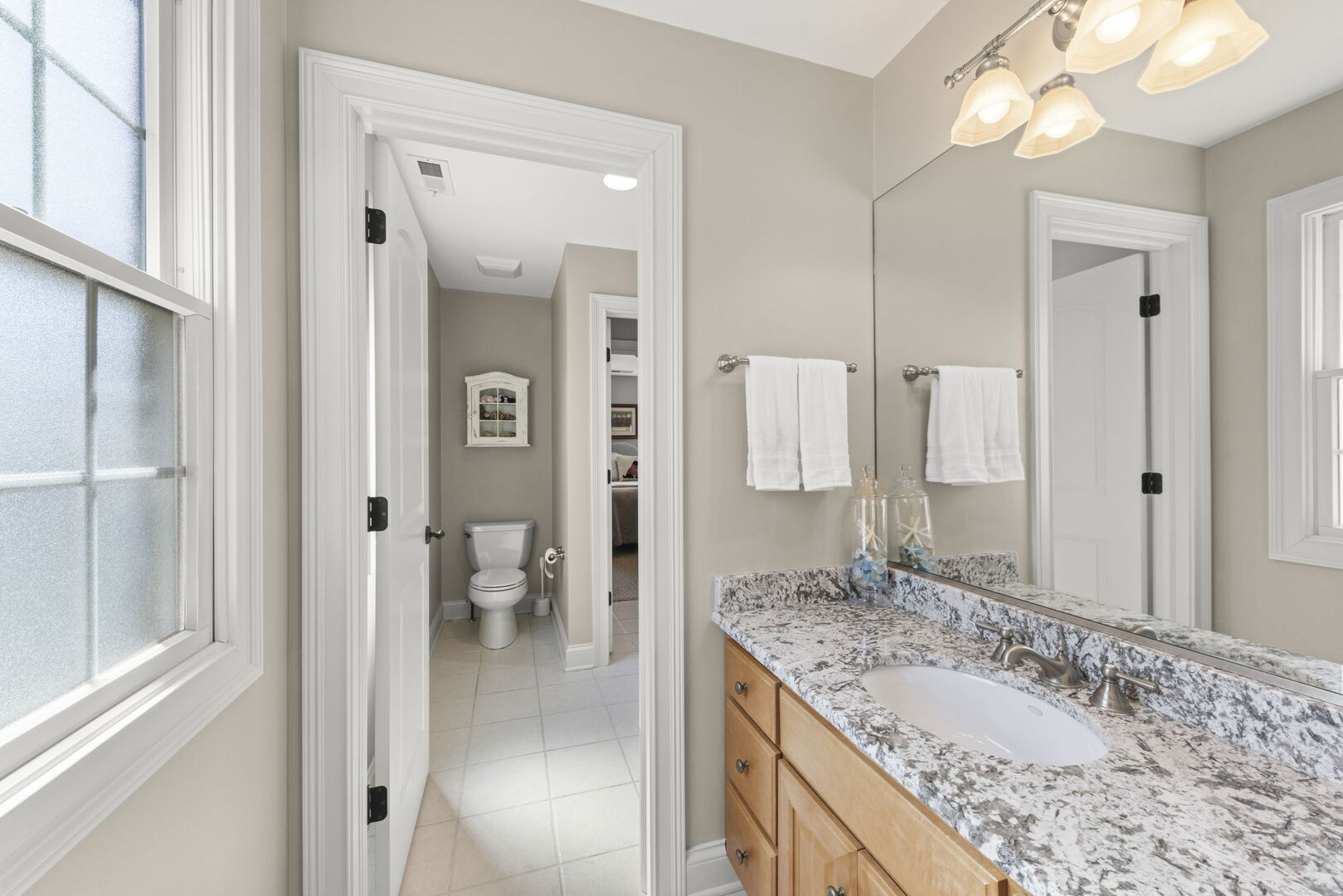 4804 Northcott Avenue Downers Grove, IL 60515 - Photo 26 of 36 a bathroom with a granite countertop sink a toilet and a large mirror