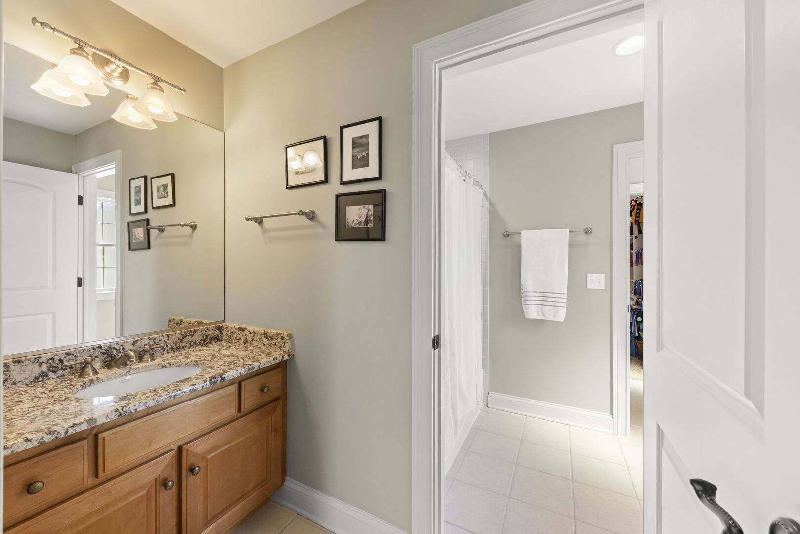 4804 Northcott Avenue Downers Grove, IL 60515 - Photo 28 of 36 a bathroom with a granite countertop sink and a mirror