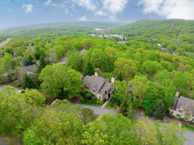 an aerial view of residential houses with outdoor space and trees