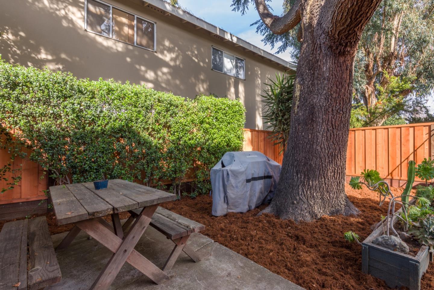 882 Middle Avenue Menlo Park, CA 94025 - Photo 13 of 22 a backyard of a house with table and chairs plants and large tree