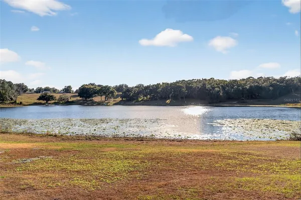 a view of a lake with houses in the back