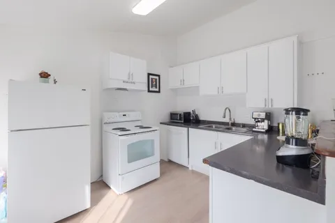 a kitchen with a sink a stove and refrigerator
