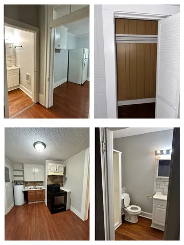 a view of living room and kitchen with wooden floor