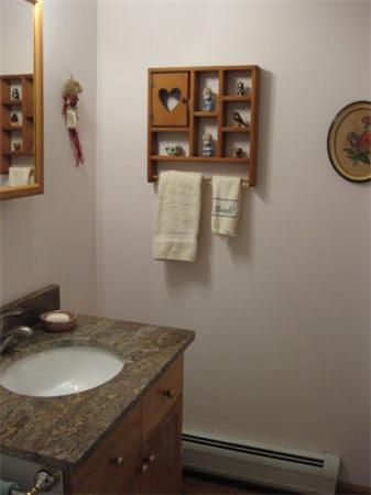 715 George Carter Road Becket, MA 01223 - Photo 11 of 22 a bathroom with a granite countertop sink and a mirror