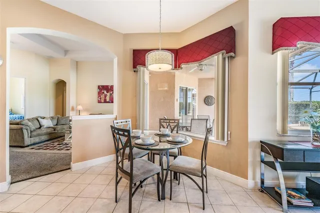 a view of a dining room with furniture window and outside view
