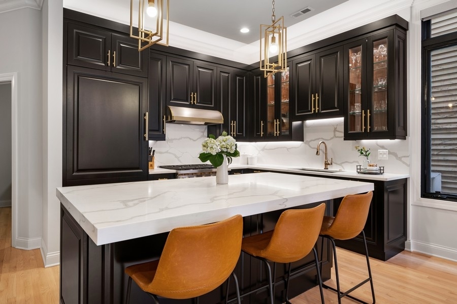 2919 North Burling Street, Unit D Chicago, IL 60657 - Photo 3 of 14 a kitchen with stainless steel appliances kitchen island granite countertop a table chairs and a refrigerator