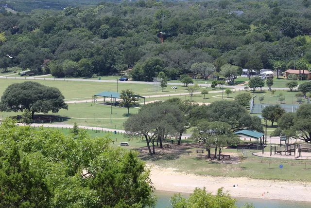 a view of a park with large trees