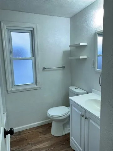 a bathroom with a toilet sink and vanity