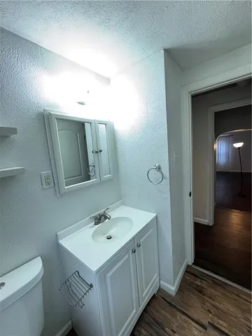 a bathroom with a sink toilet and mirror