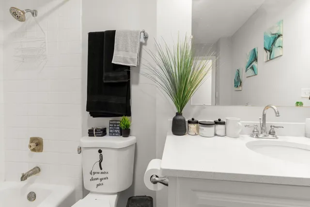 a bathroom with a sink a mirror and a potted plant
