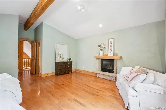 a bed room with furniture and a fireplace