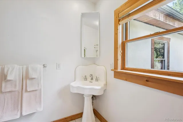 a bathroom with a sink a mirror and a shower