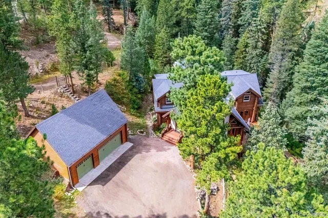 an aerial view of a house with a yard and large trees