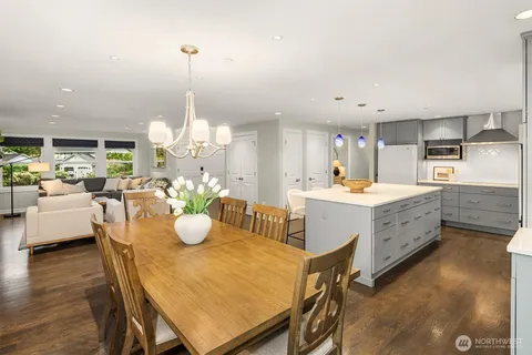 a view of a dining room with furniture large window and wooden floor