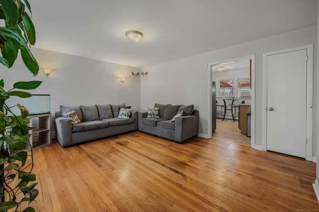 a living room with furniture and a potted plant