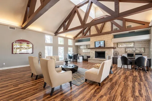 a view of a dining room with furniture