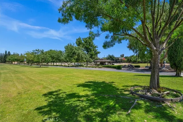 a view of a lake with a table and chairs under an umbrella