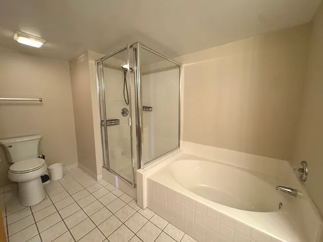 a bathroom with a bathtub and a toilet