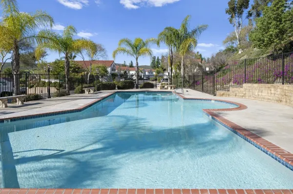 a view of swimming pool with outdoor seating and palm trees