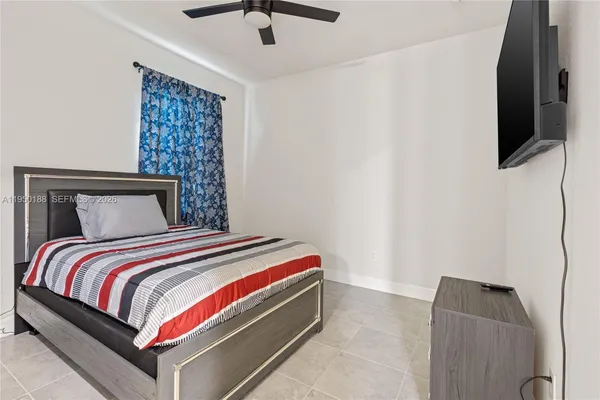 a bedroom with a bed and a flat screen television