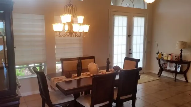 a view of a dining room with furniture window and outside view