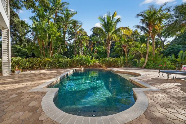 a view of a swimming pool with a yard