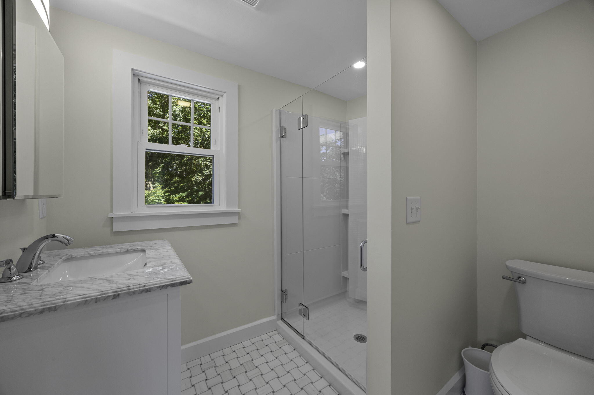 20 Namskaket Road Orleans, MA 02653 - Photo 30 of 63 a bathroom with a granite countertop sink a mirror and a shower