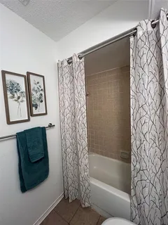 a bathroom with a shower curtain and a bathtub