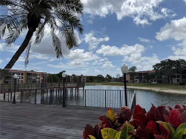 a view of a lake with a terrace
