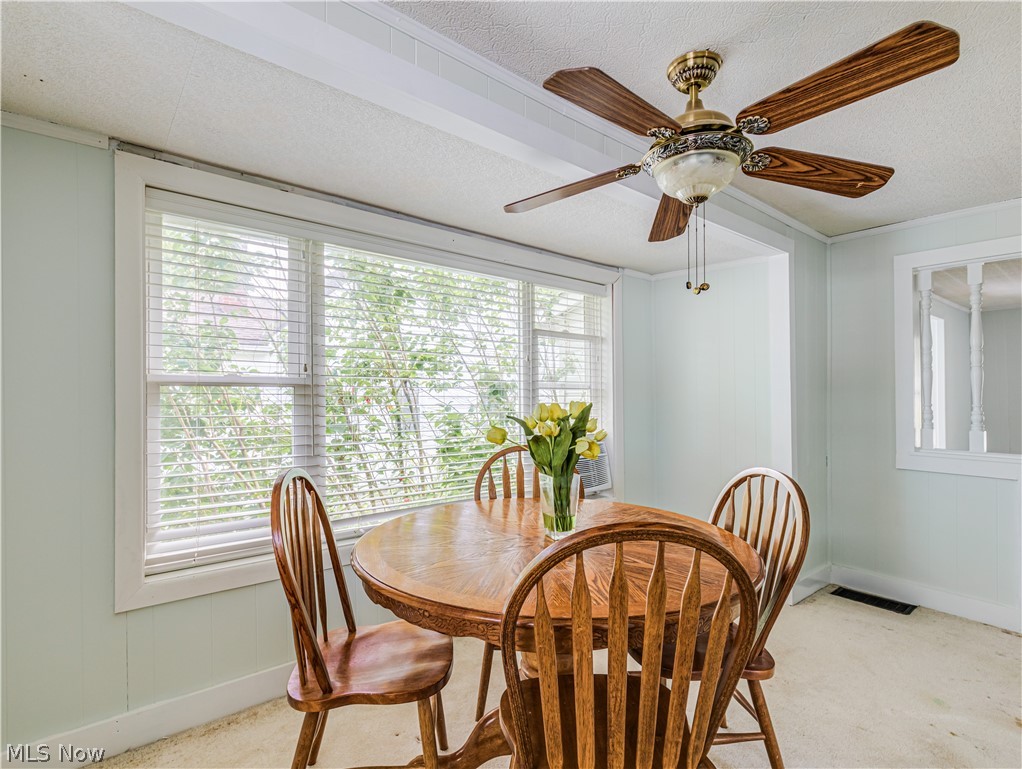 880 West Riddle Avenue Ravenna, OH 44266 - Photo 6 of 14 Dining room featuring a textured ceiling, a wealth of natural light, and ceiling fan