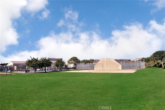 a view of yard with grass and trees in the background