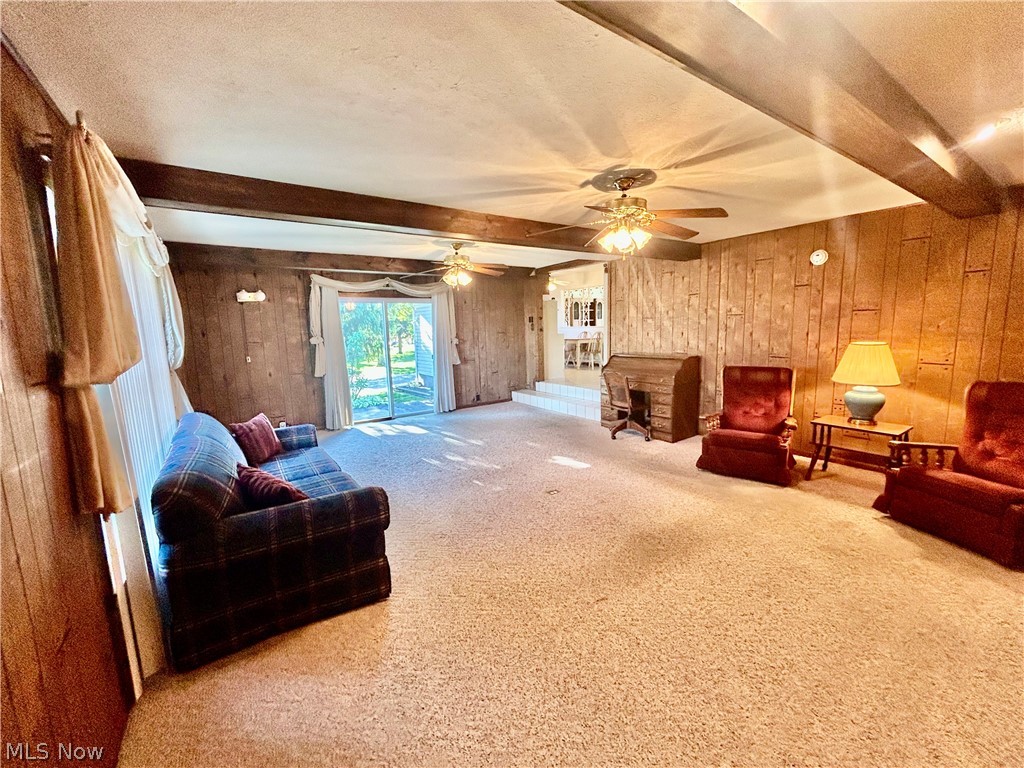 501 Edison Street Struthers, OH 44471 - Photo 10 of 23 Beam ceilings, sliding Beautiful wood paneling, beam ceiling ,fp and double glass doors lead to the patio.