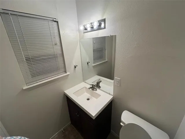 a bathroom with a sink a toilet and mirror