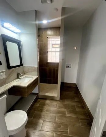 a bathroom with a sink a toilet a mirror and window