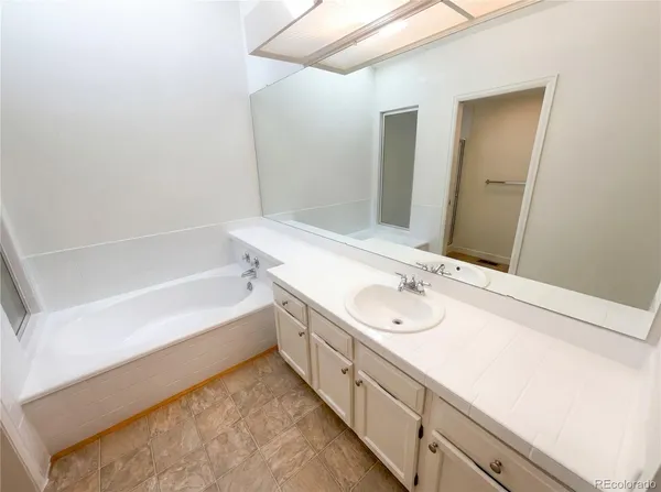 a bathroom with a tub sink and mirror