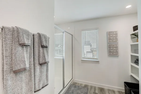 a view of a bathroom with a shower