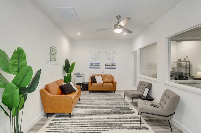 a living room with furniture and a potted plant