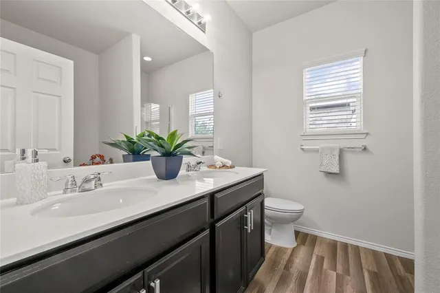 a bathroom with a sink a toilet and a mirror