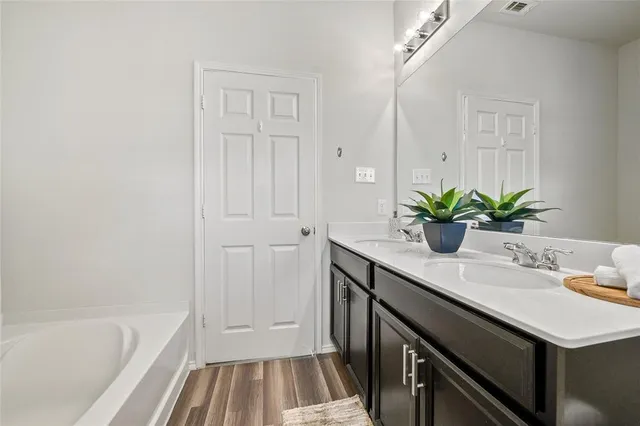 a bathroom with a sink a vanity and a bathtub