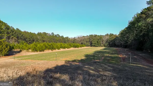 a view of a field with an ocean