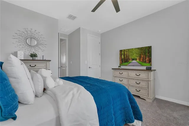 a bedroom with a bed and a flat tv screen on dresser