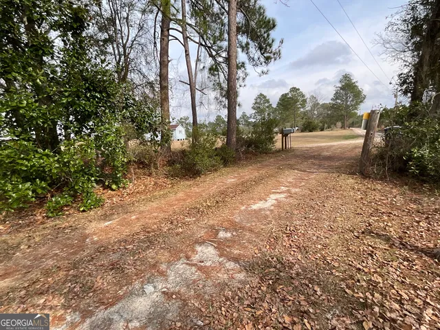 a view of road with large trees