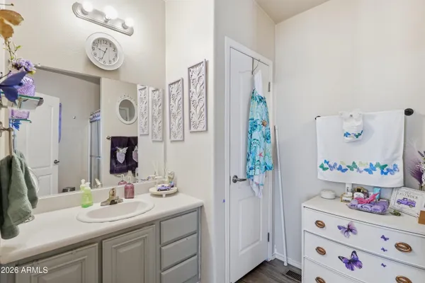a bathroom with a sink vanity mirror and a shower