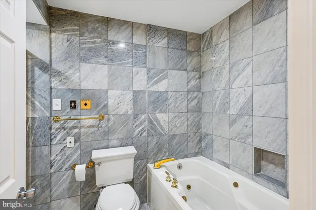 a bathroom with a bathtub and a toilet